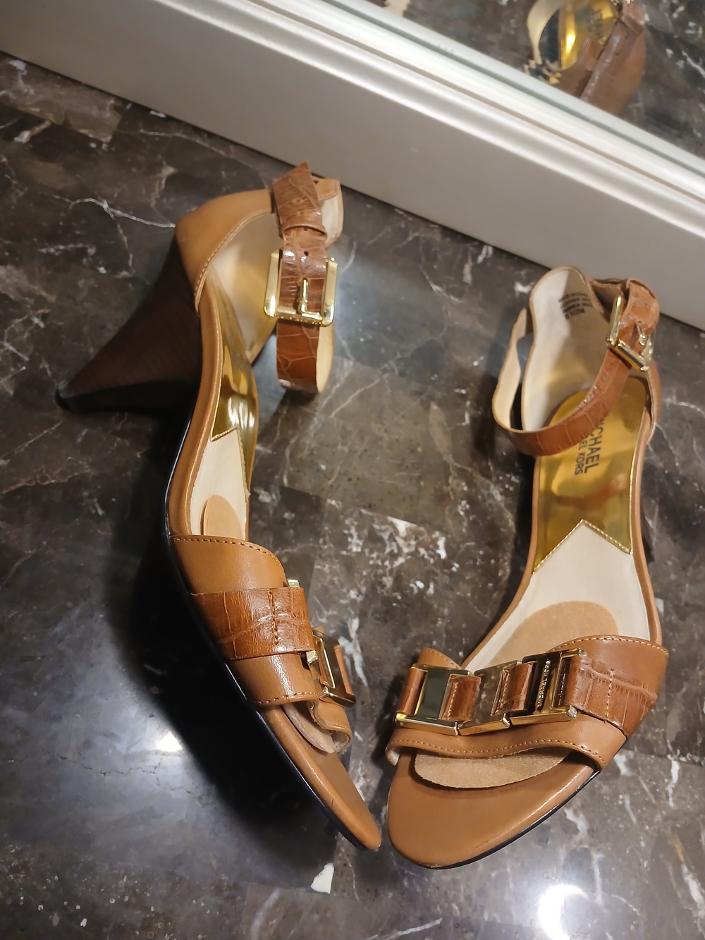 MICHAEL Michael Kors Tan and Gold Open-Toe Ankle-Strap Heels - Picture 15 of 15